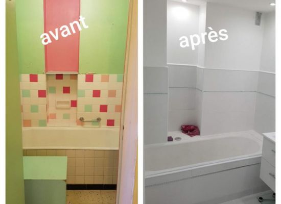 salle de bain reprise totalement à zéro sauf la baignoire qui à été rafraîchie.